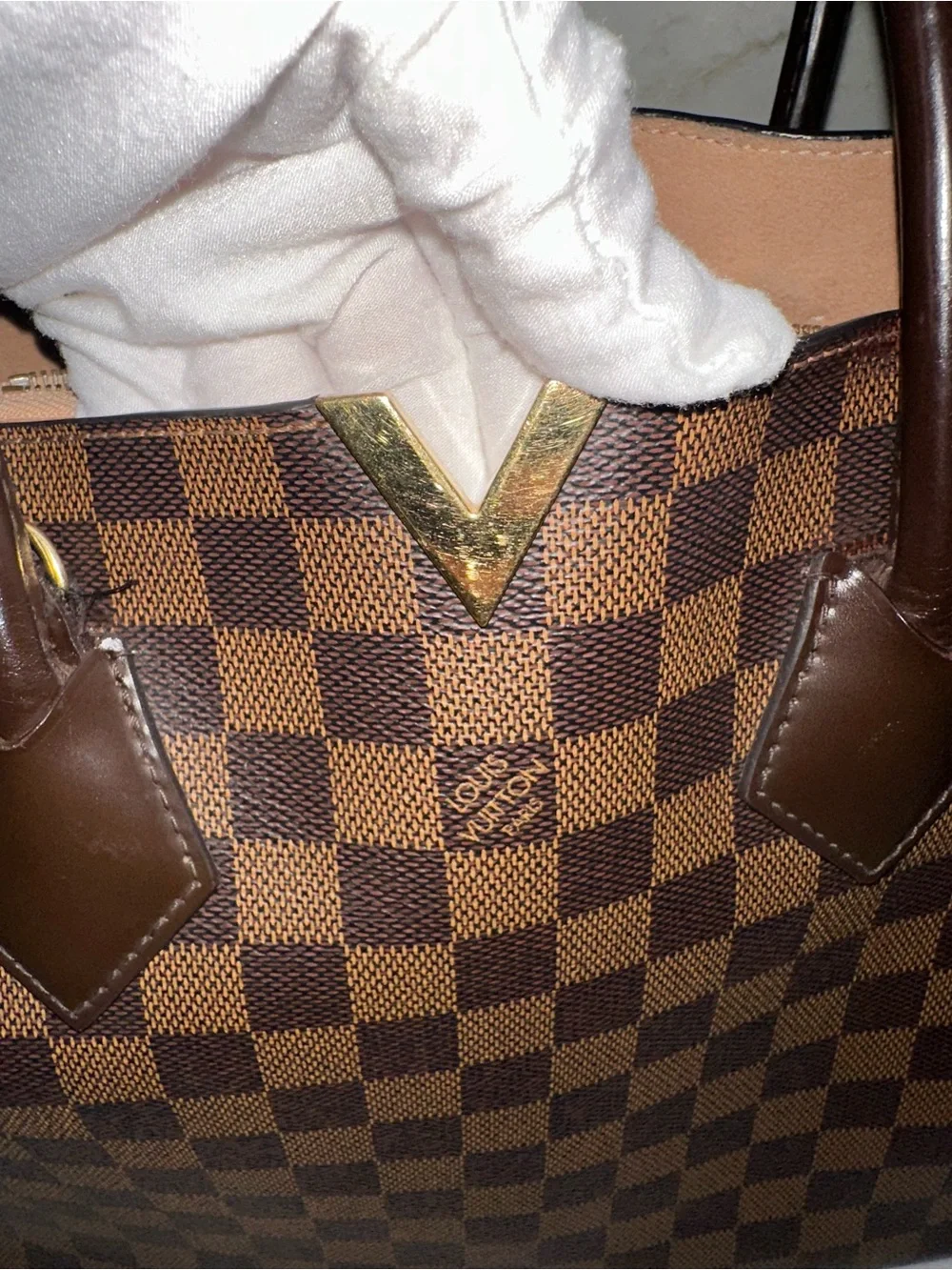 Louis Vuitton Brown Damier Ebene Kensington Canvas Tote with Gold V Detail
